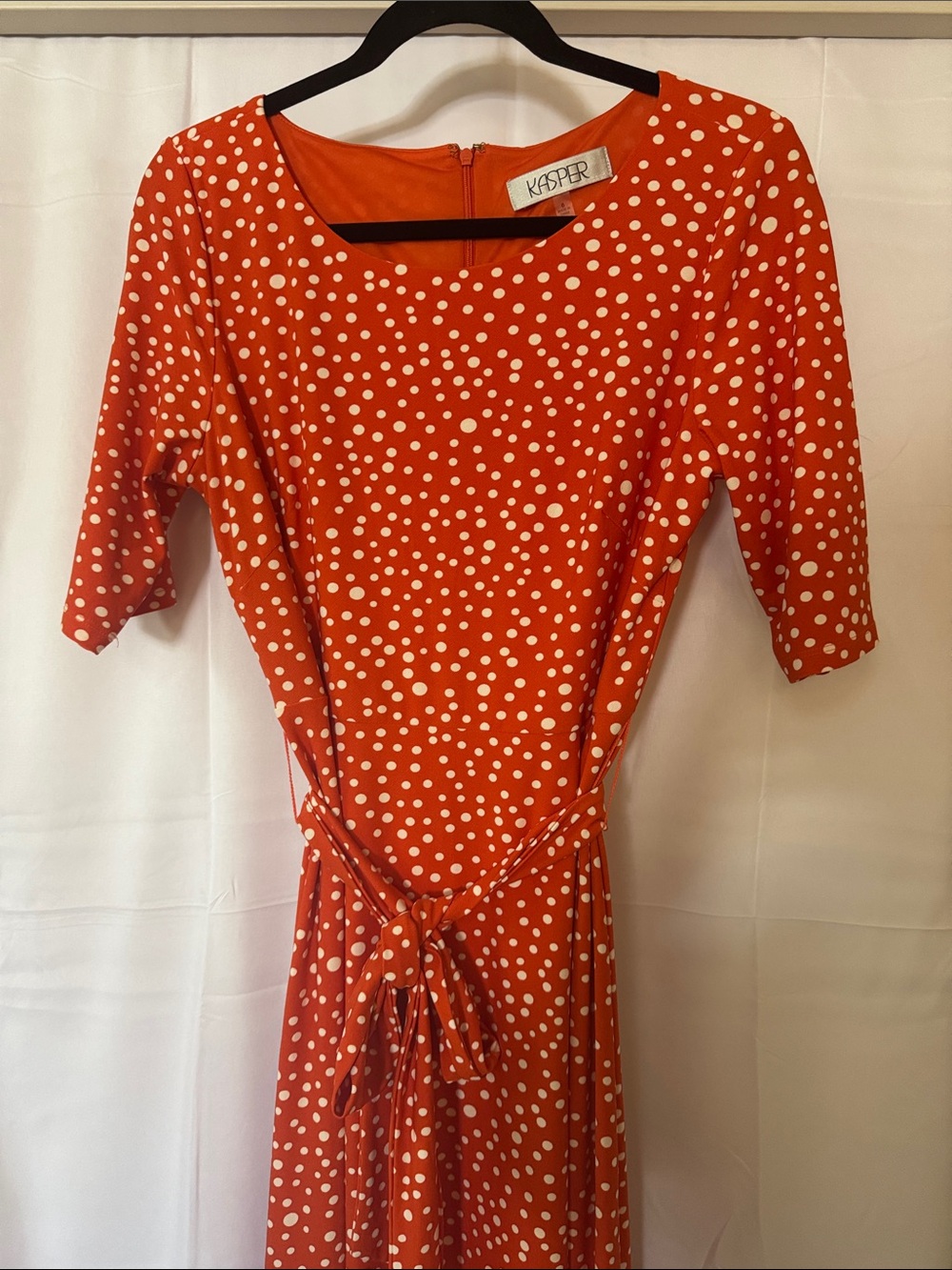 Kasper Orange-Red Polka Dot Tie-Waist Midi Dress